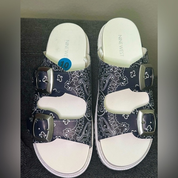 Nine West Shoes - Nine West Navy Paisley Double Strap Buckle Sandals Size 10 NWOB
